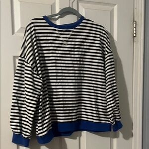 Boutique 9 Black & White Striped Short Sleeve Tee with Blue Trim